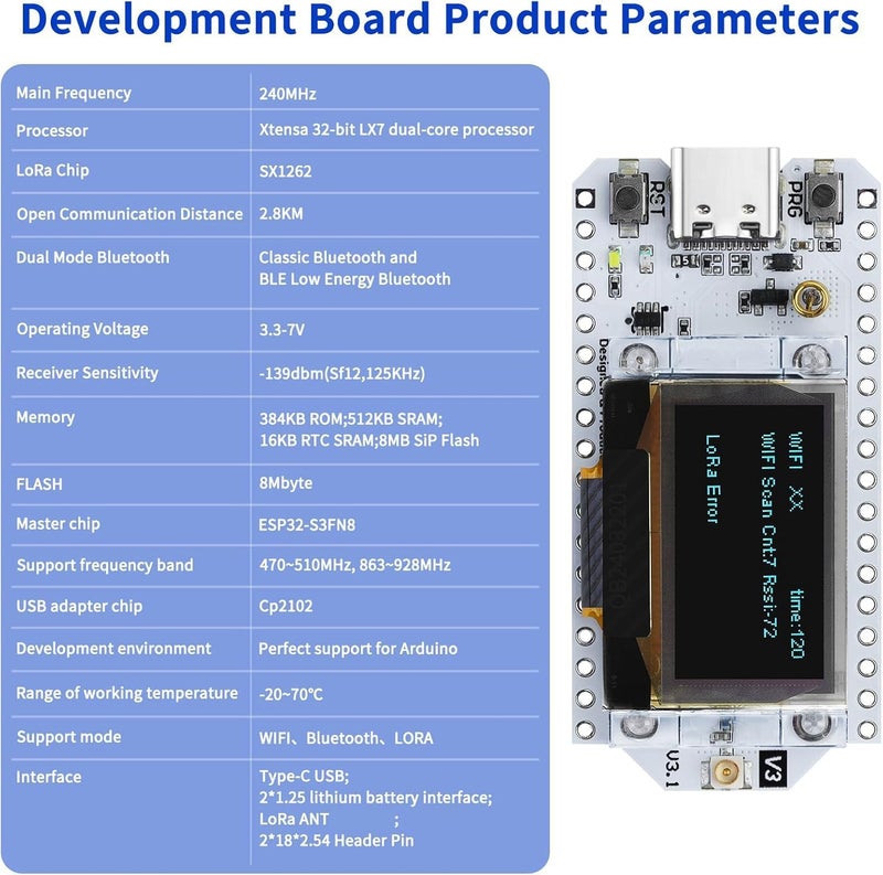 MakerHawk ESP32 LoRa V3 Development Board with 915MHz Antenna and 1100mAh Battery - 10dBi Gain 17cm SMA Male Antenna SX1262 LoRa V3 Device and JST1.25 Battery Set for Meshtastic Ar duino LoRawan IOT - Image 4